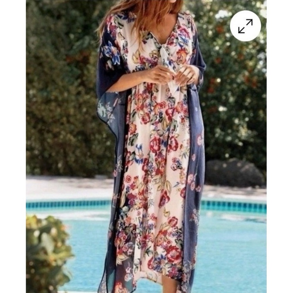 Johnny Was Maya Kaftan Womens XS Floral Kimono Maxi Dress Navy Multi CSW0120-Y